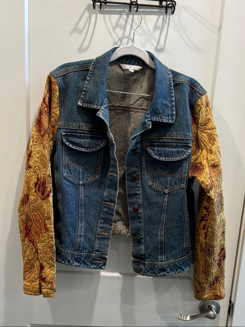 CAbi Large Vintage Blue Denim Jacket Gold Burgundy Tapestry Sleeves Floral